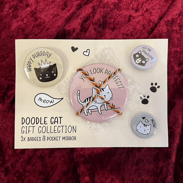 Doodle Cat Gift Collection | Small Pocket Mirror and 3 Badges